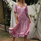 Rose Flower Pattern V-neck Fringe Rayon Holiday Maxi Boho Dress