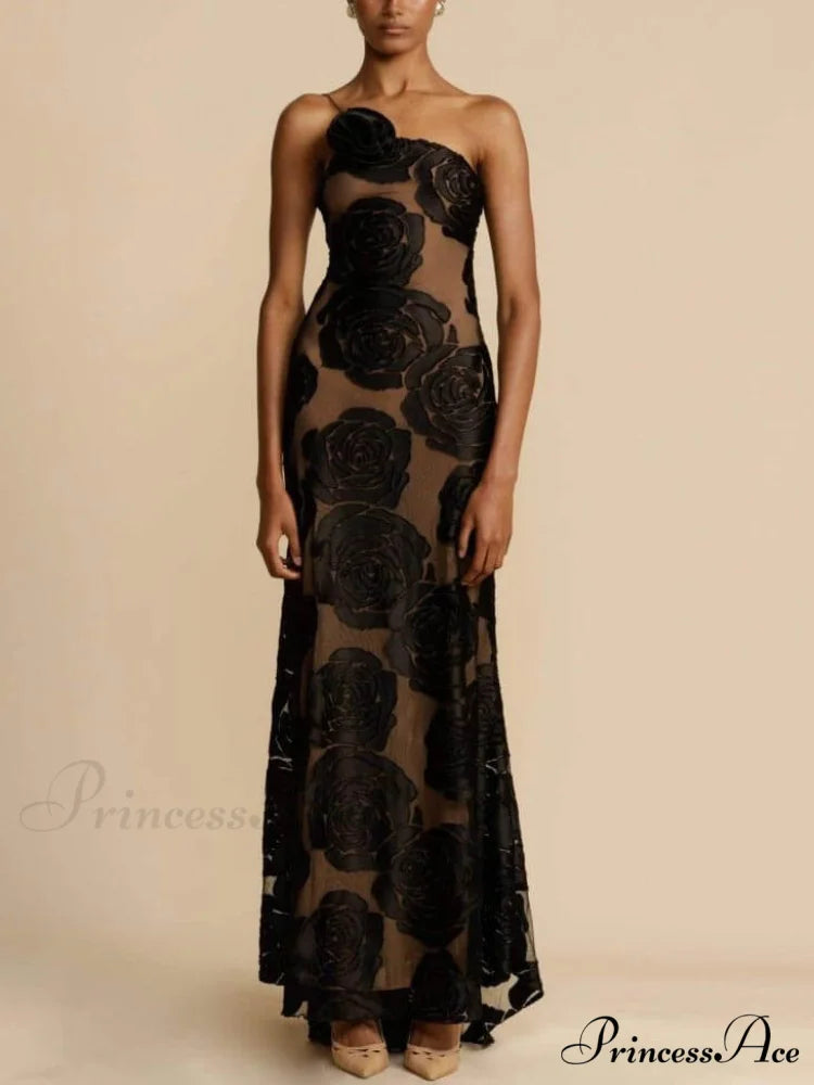 Rose Flower Three-Dimensional Charming Burnt Flower Maxi Dress
