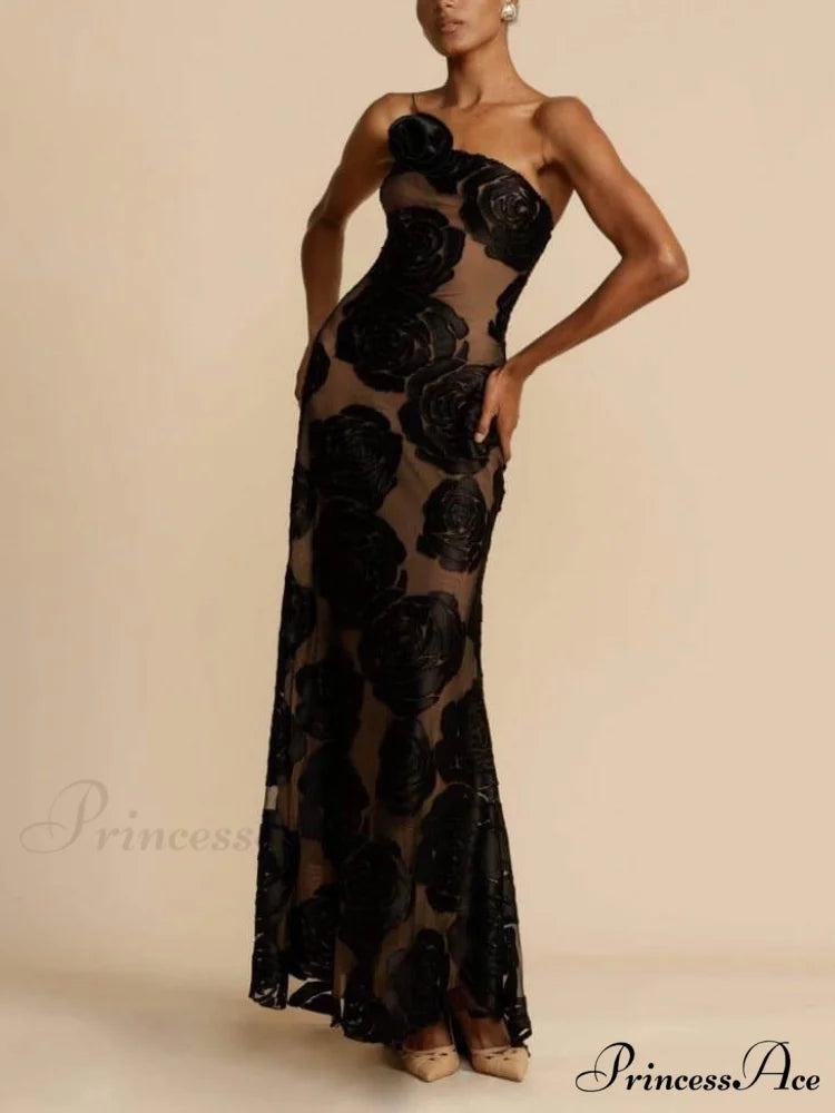 Rose Flower Three-Dimensional Charming Burnt Flower Maxi Dress