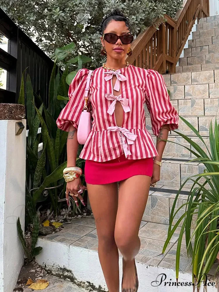 Rose Line Ribbon Lace Up Brief Blouse