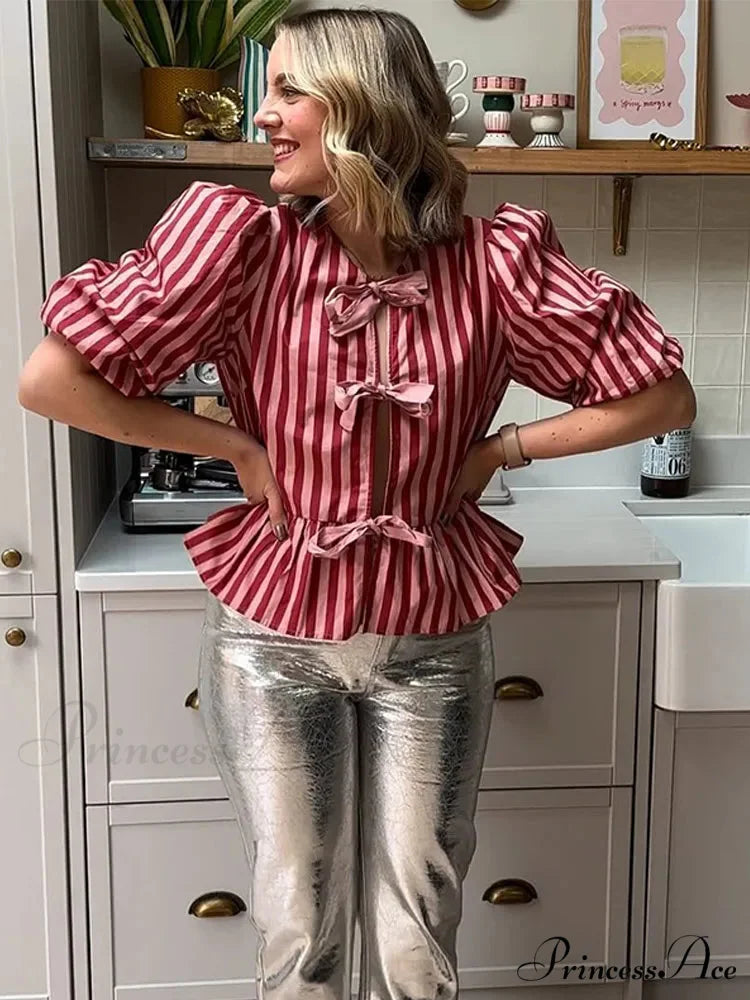 Rose Line Ribbon Lace Up Brief Blouse