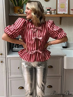 Rose Line Ribbon Lace Up Brief Blouse