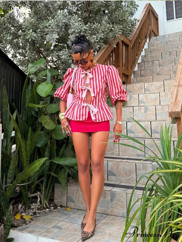 Rose Line Ribbon Lace Up Brief Blouse