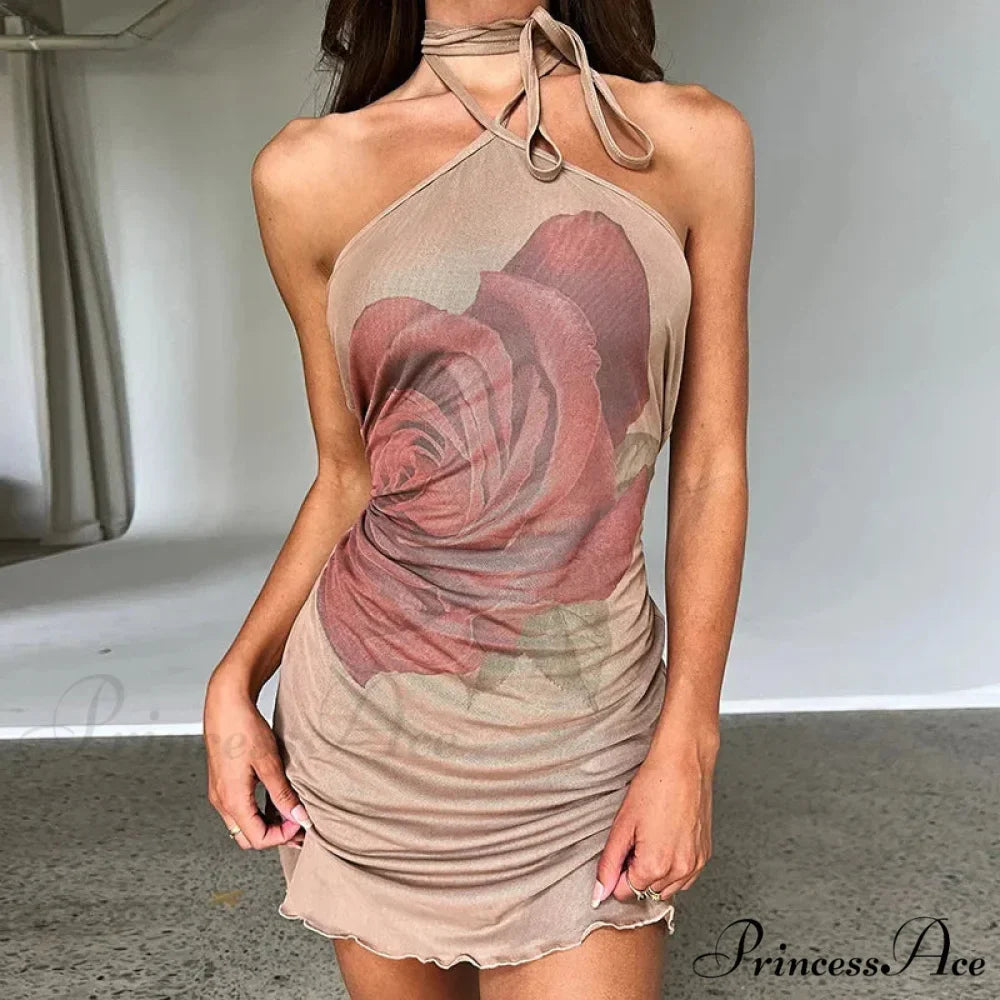 Rose Print Halter Neck Shoulder Short Clubwear Mini Dress