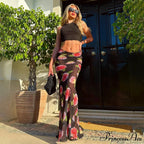Rose Print Sheer Party Mesh Long Skirt