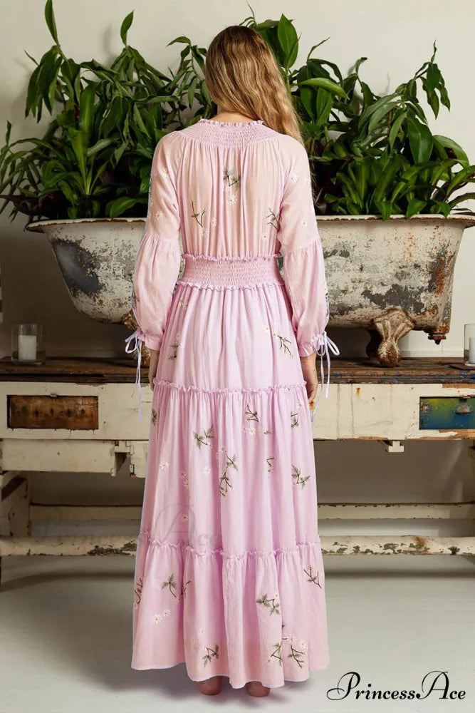 Rose Stitched Botanical Bohemian Extended Sleeve Dress