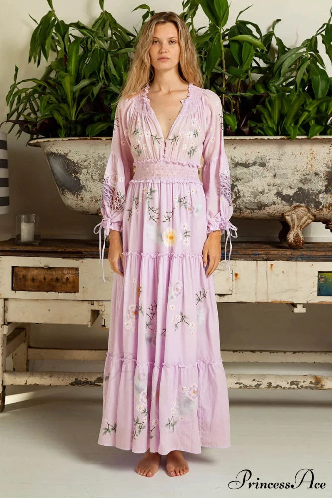 Rose Stitched Botanical Bohemian Extended Sleeve Dress