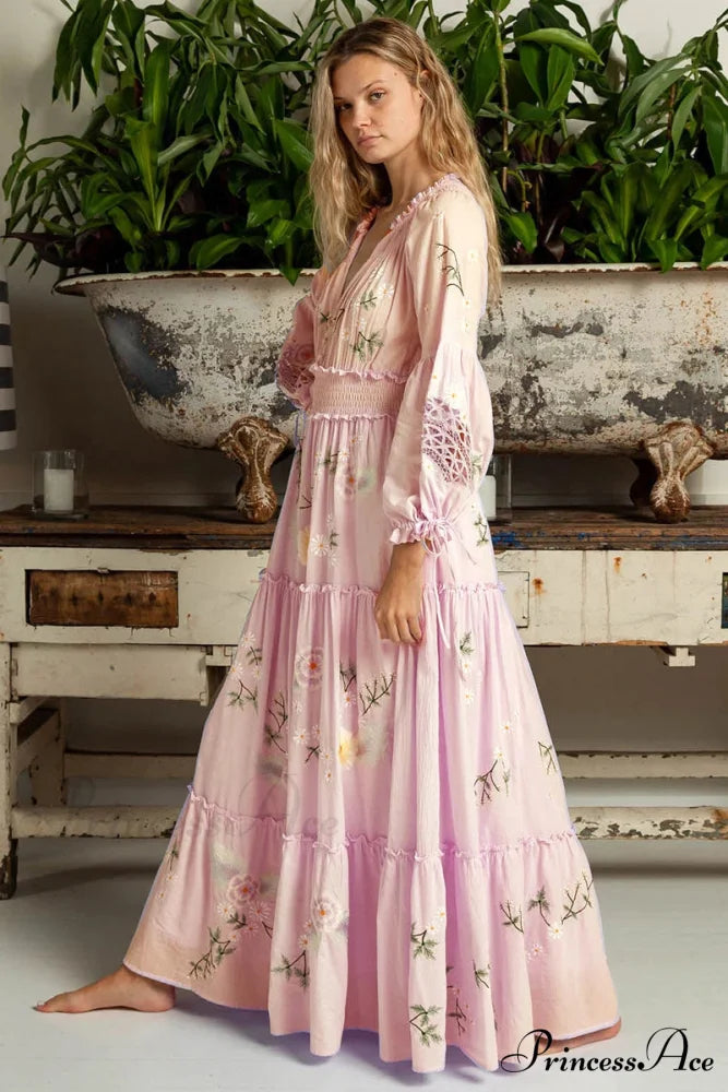 Rose Stitched Botanical Bohemian Extended Sleeve Dress