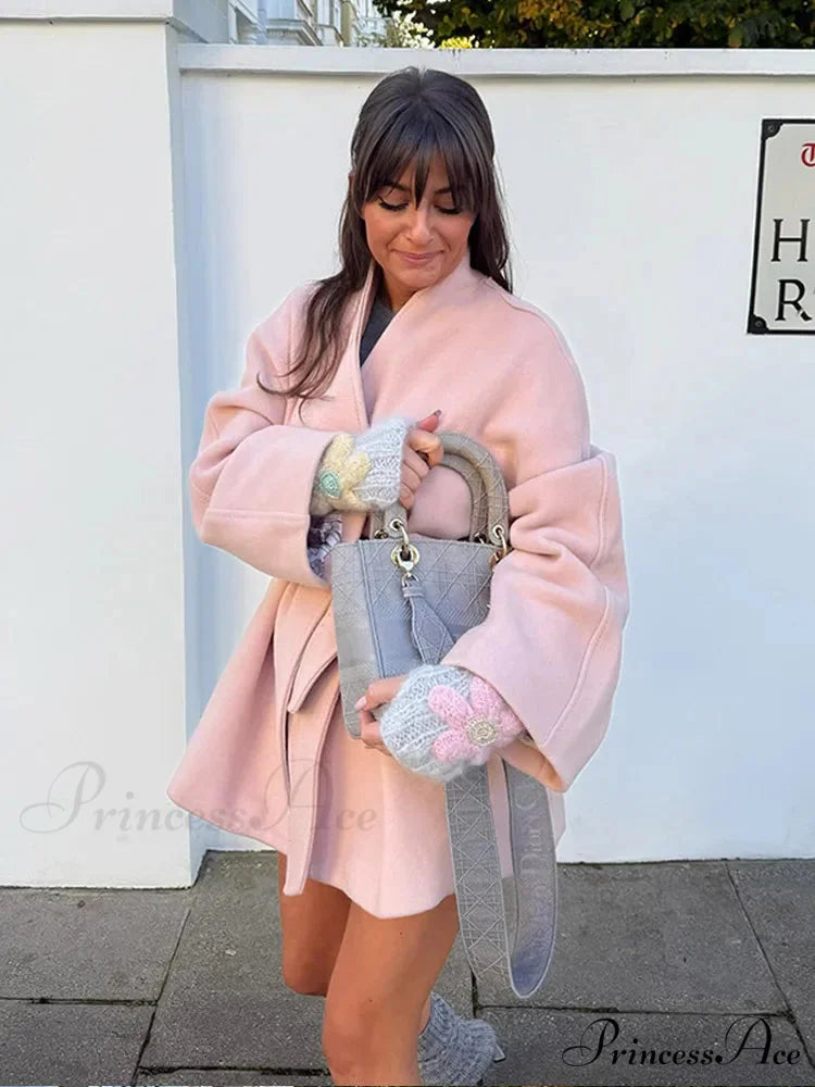 Rose V-neck Woolen Cinched Coat