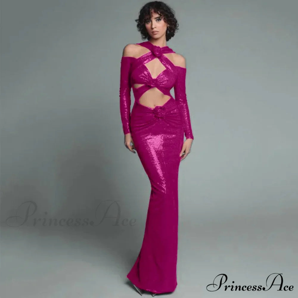 Rosered Long Sleeve Sequins Party Dress