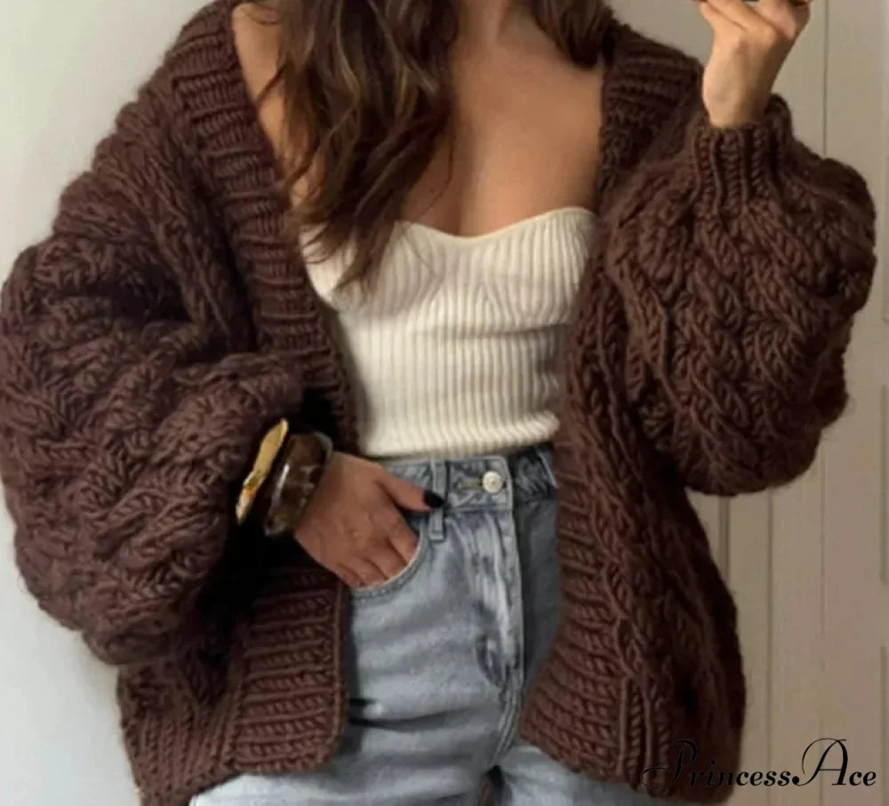 Rough Needle Deep V-neck Solid Cardigan