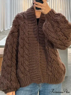 Rough Needle Deep V-neck Solid Cardigan