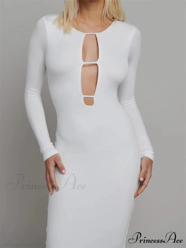 Round Neck Hollow Out Party Clubwear for Women Backless Sleeve Solid Color Slim Fit Vestidos