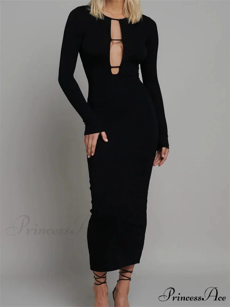 Round Neck Hollow Out Party Clubwear for Women Backless Sleeve Solid Color Slim Fit Vestidos