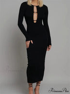 Round Neck Hollow Out Party Clubwear for Women Backless Sleeve Solid Color Slim Fit Vestidos