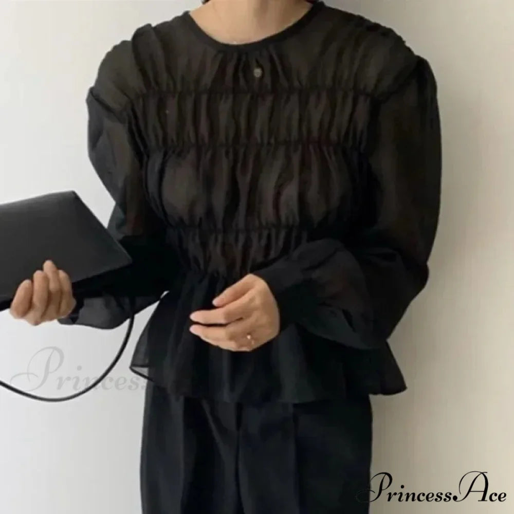 Round Neck Puff Extended Sleeve Pleated Top