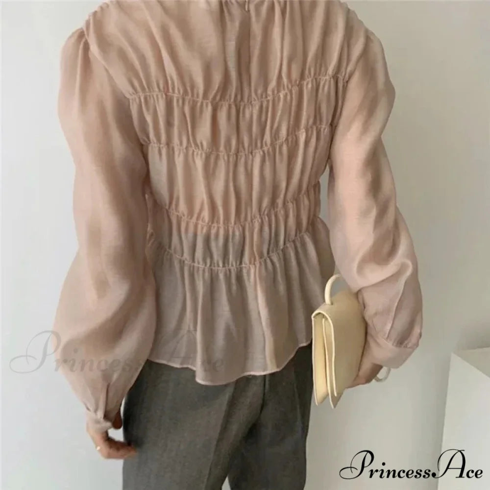 Round Neck Puff Extended Sleeve Pleated Top