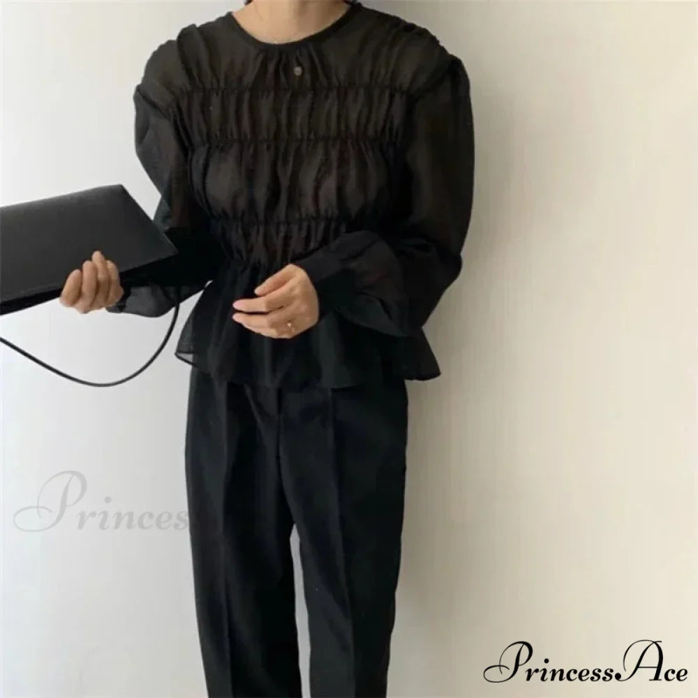 Round Neck Puff Extended Sleeve Pleated Top
