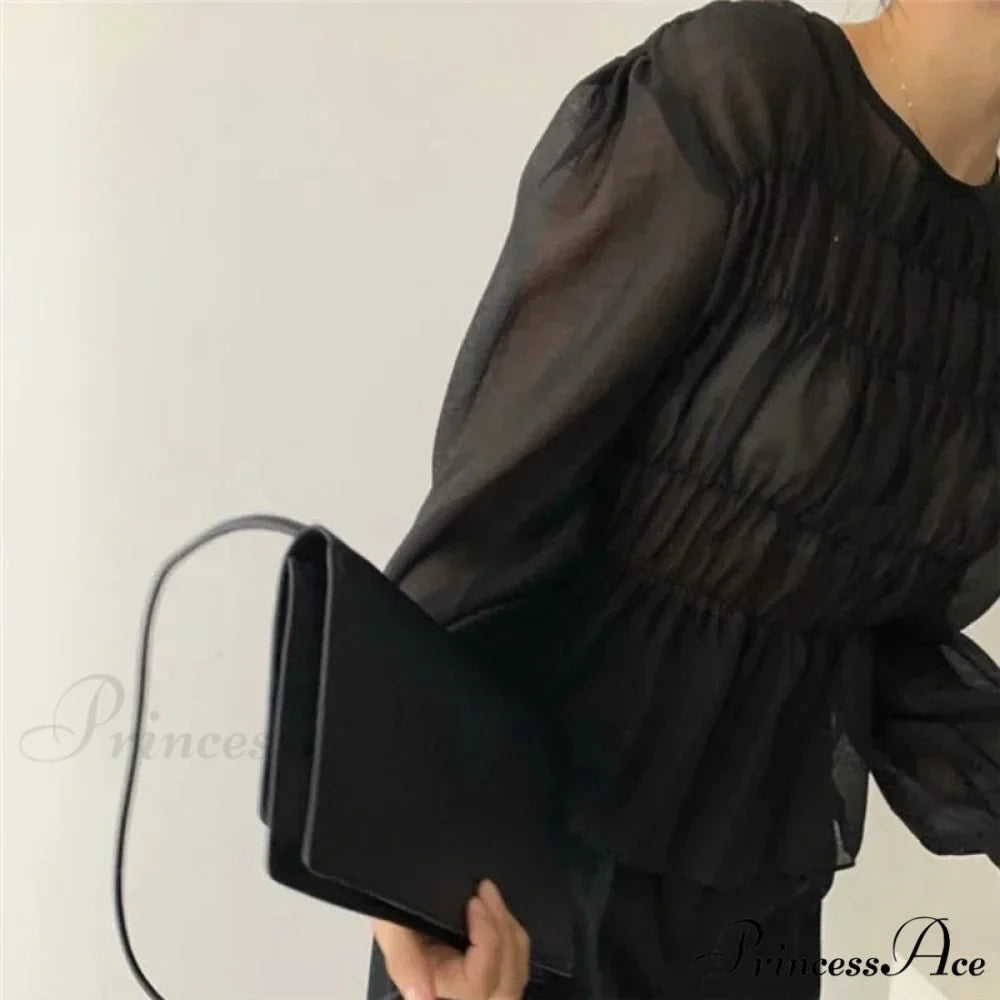 Round Neck Puff Extended Sleeve Pleated Top