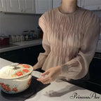 Round Neck Puff Extended Sleeve Pleated Top