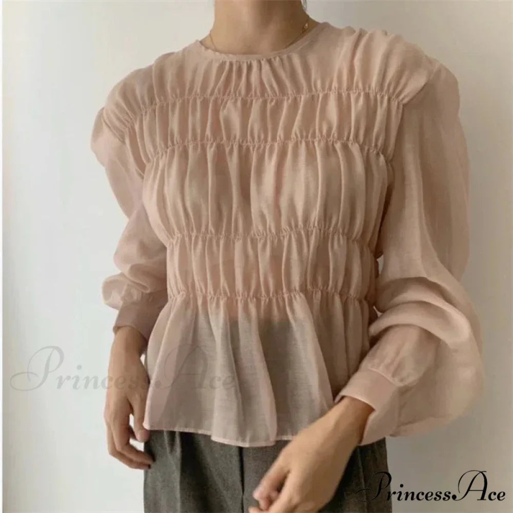 Round Neck Puff Extended Sleeve Pleated Top