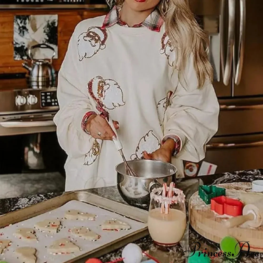 Round Neck Sequin Santa Pattern Loose Lantern Sleeves Christmas Hoodie