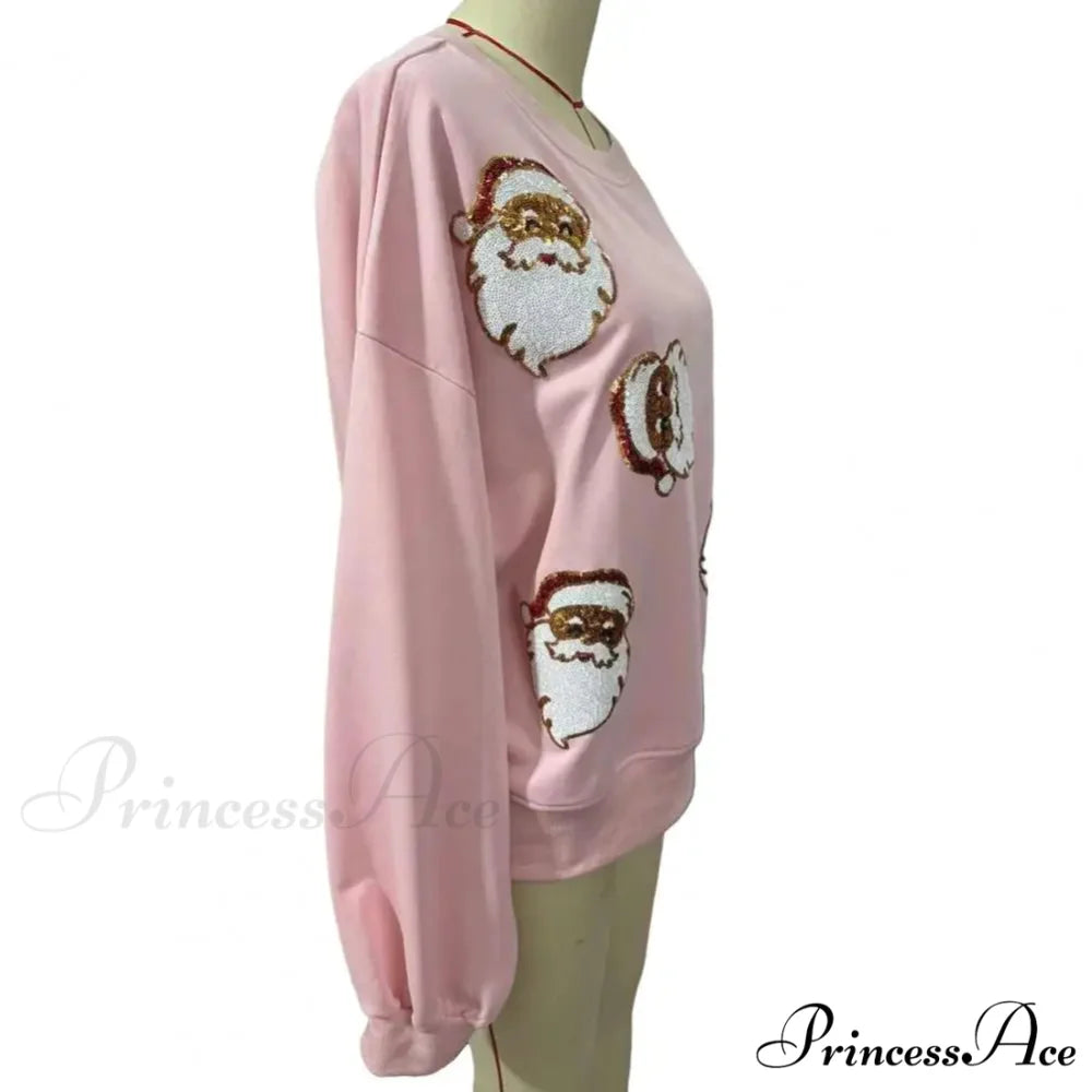 Round Neck Sequin Santa Pattern Loose Lantern Sleeves Christmas Hoodie