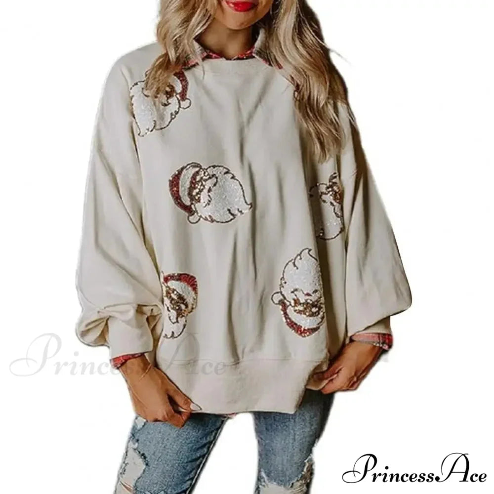 Round Neck Sequin Santa Pattern Loose Lantern Sleeves Christmas Hoodie
