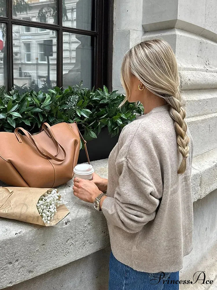 Round-neck Tan Single Buttoned Cardigan