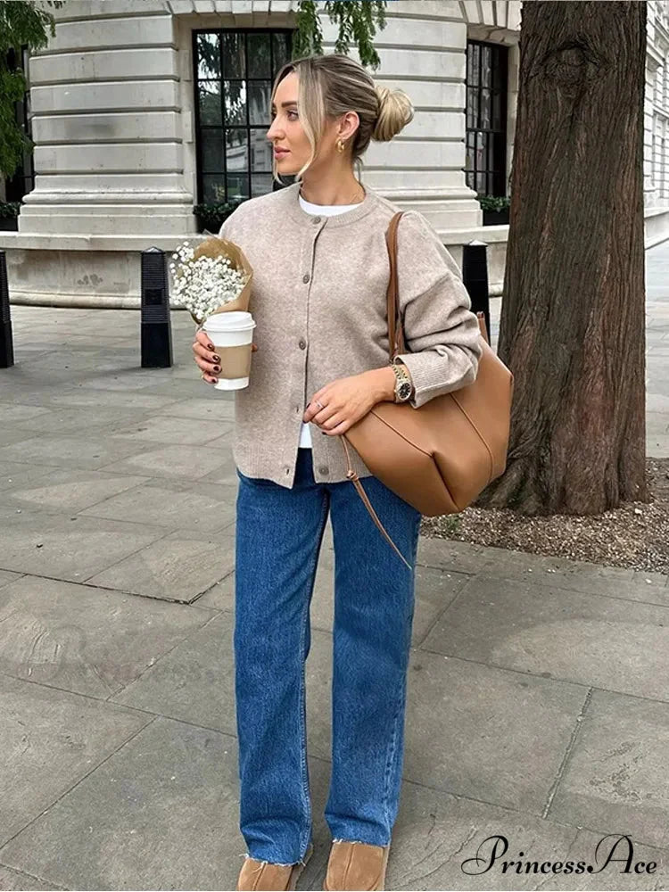 Round-neck Tan Single Buttoned Cardigan