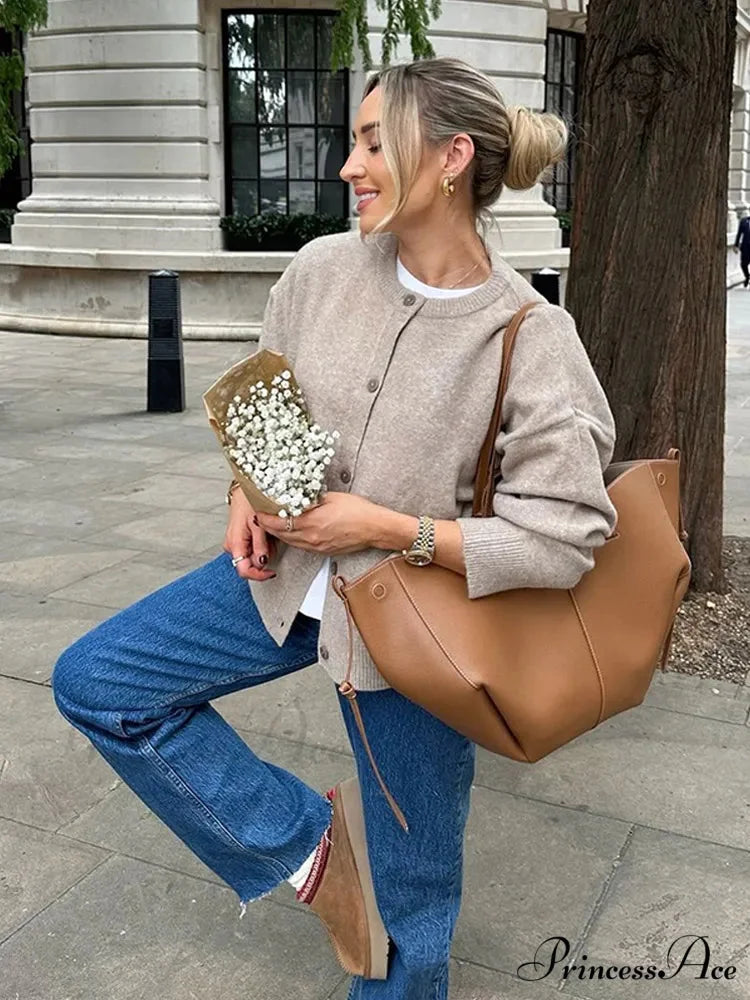 Round-neck Tan Single Buttoned Cardigan