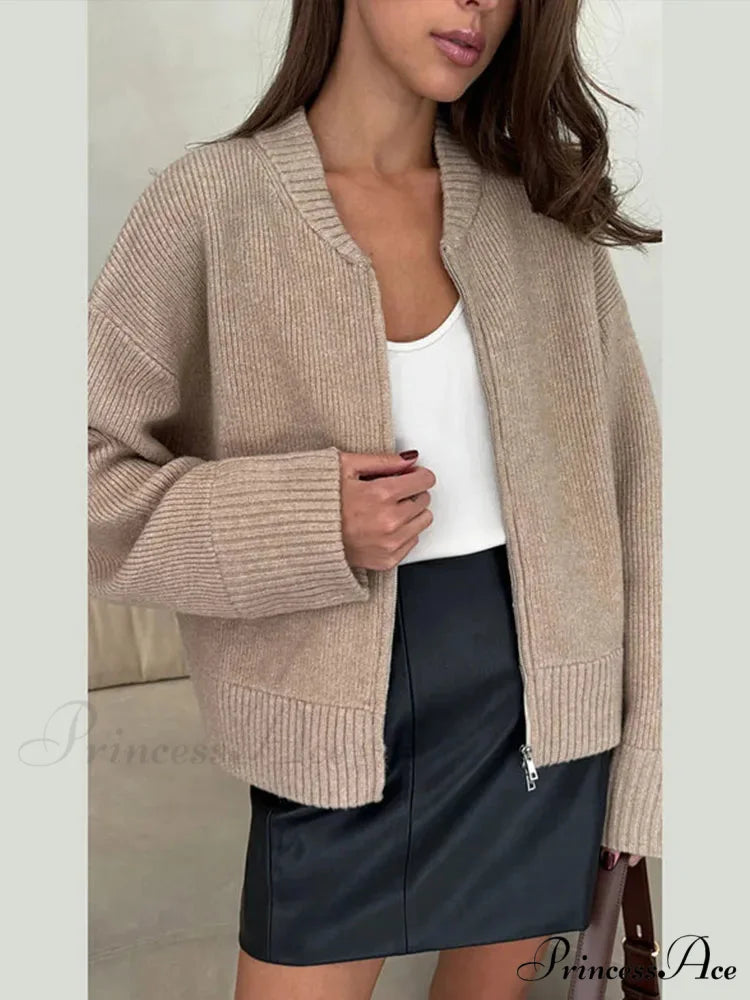 Round-neck Zipper Baggy Knit Cardigan