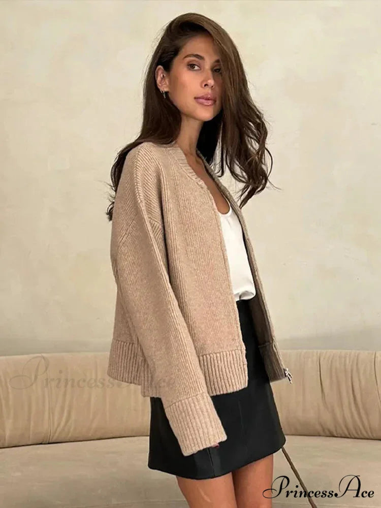 Round-neck Zipper Baggy Knit Cardigan