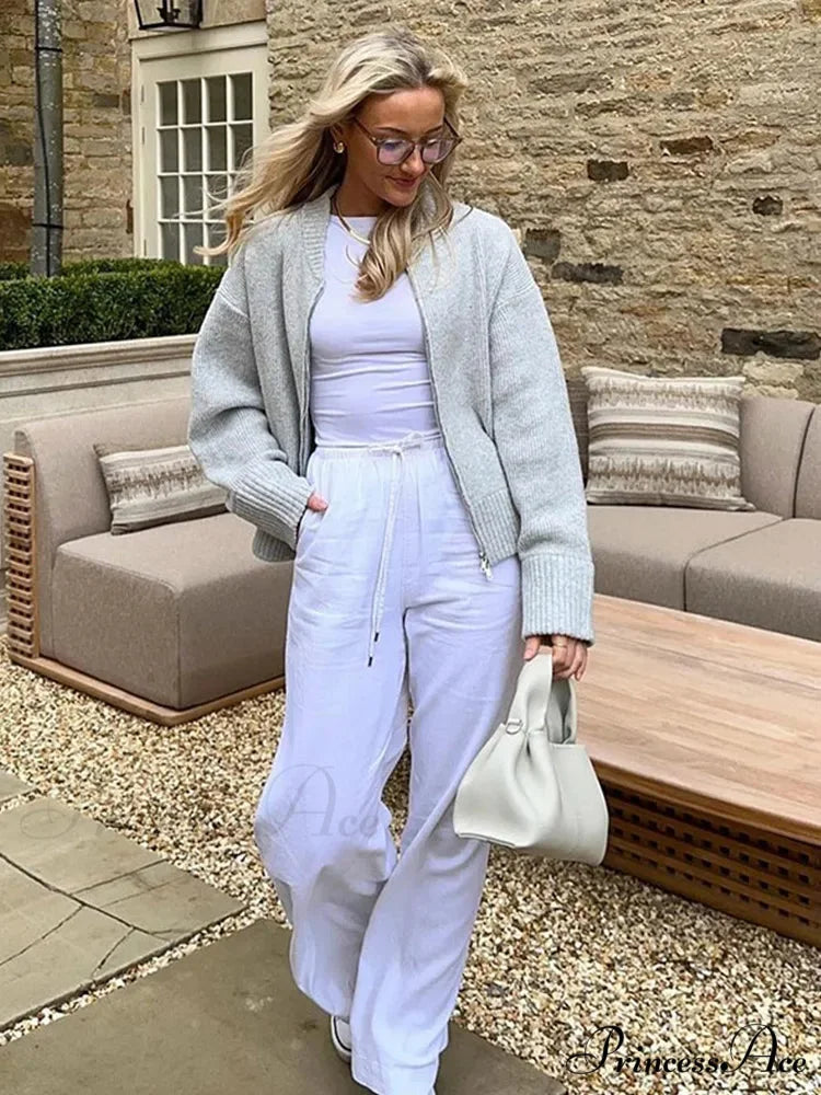 Round-neck Zipper Baggy Knit Cardigan