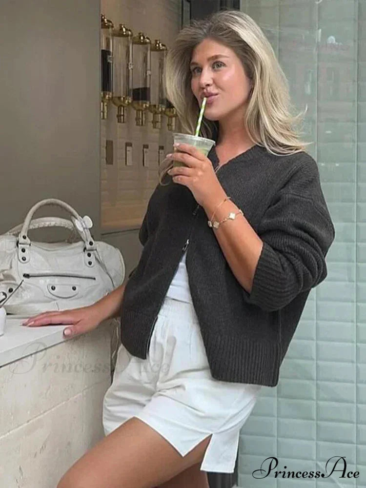 Round-neck Zipper Baggy Knit Cardigan