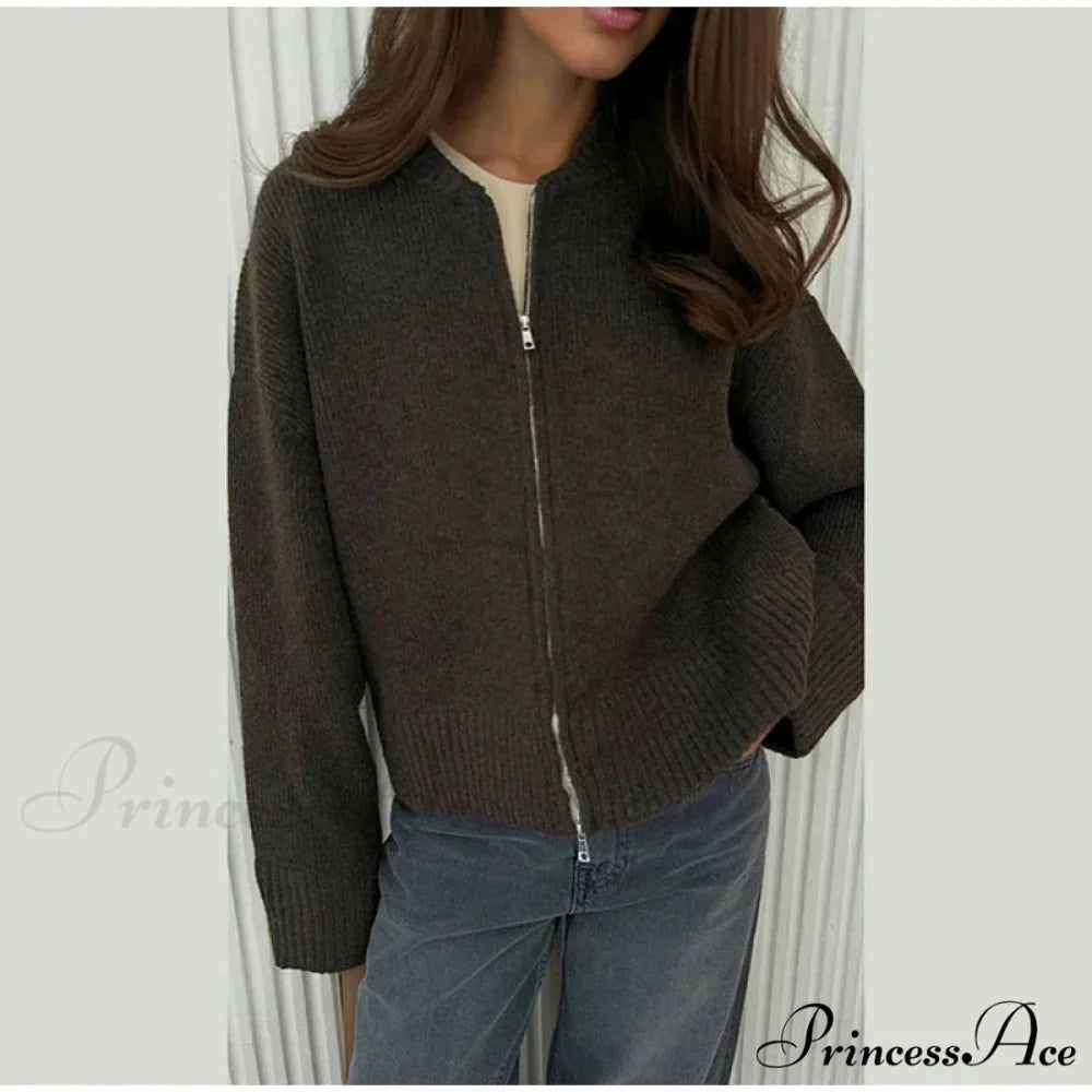 Round-neck Zipper Baggy Knit Cardigan