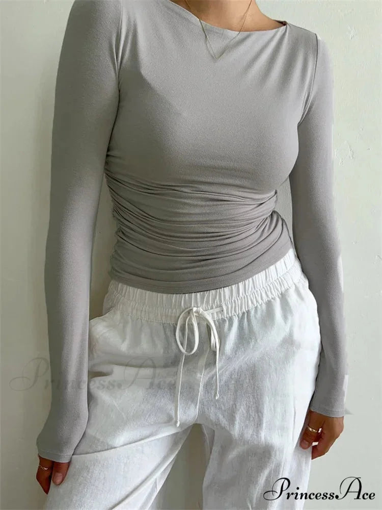 Ruched Casual Slim Fit Pullovers Long Sleeve T-Shirts