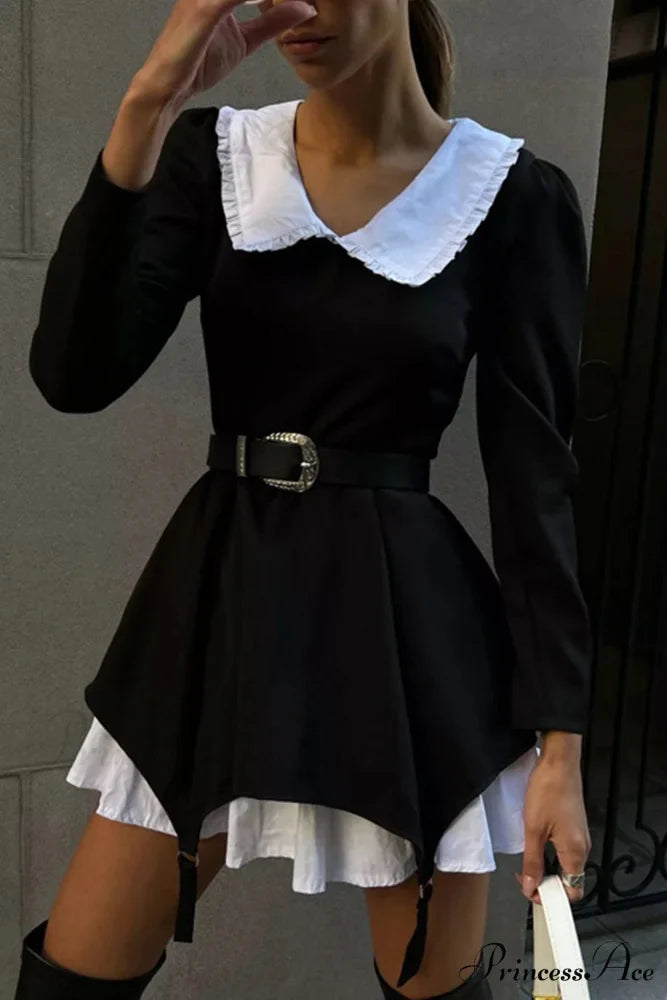 Ruched Fake Two-Pieces Dress with Doll Collar