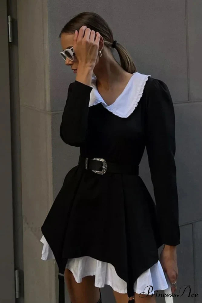 Ruched Fake Two-Pieces Dress with Doll Collar