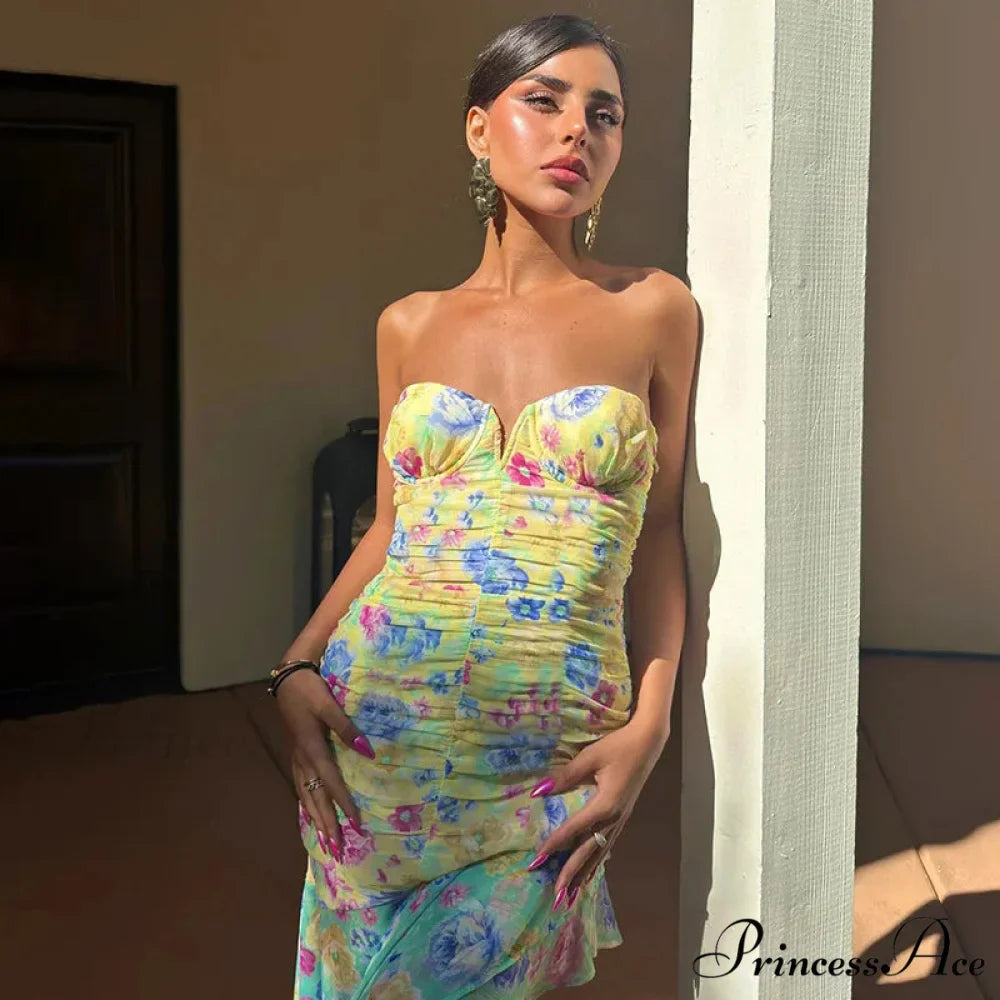 Ruched Floral Print Maxi Dress