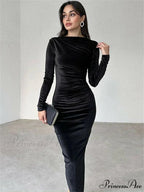 Ruched Long-sleeved Body-hugging Autumnal Elegant Club-ready Skinny Midi Dress