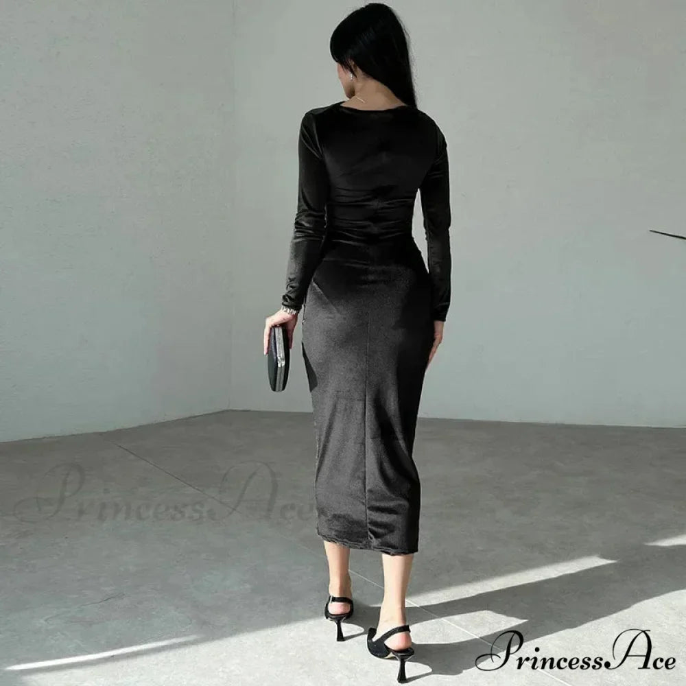 Ruched Long-sleeved Body-hugging Autumnal Elegant Club-ready Skinny Midi Dress