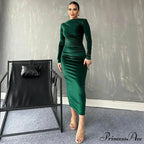 Ruched Long-sleeved Body-hugging Autumnal Elegant Club-ready Skinny Midi Dress