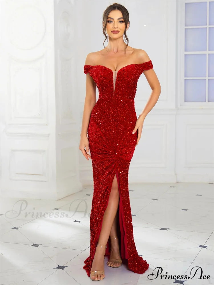 Ruched Off-Shoulder Sequin Party Dress