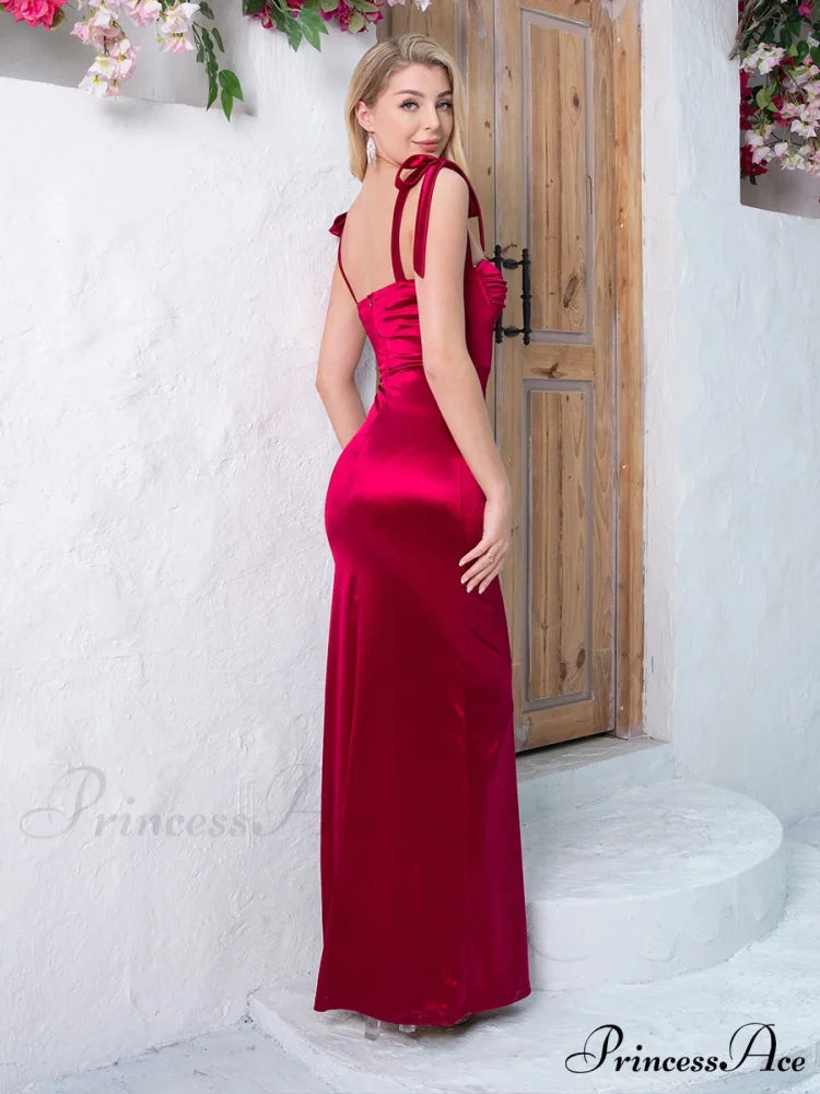 Ruched Satin Maxi Party Dress