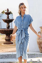 Ruched Tie-waist Denim Dress with Lapel