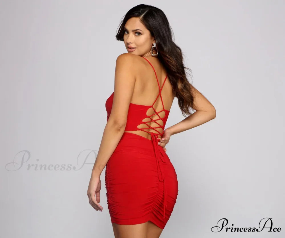 Ruched to The Max Graceful Lace Up Mini Dress