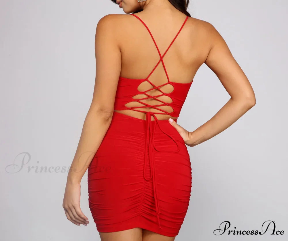 Ruched to The Max Graceful Lace Up Mini Dress