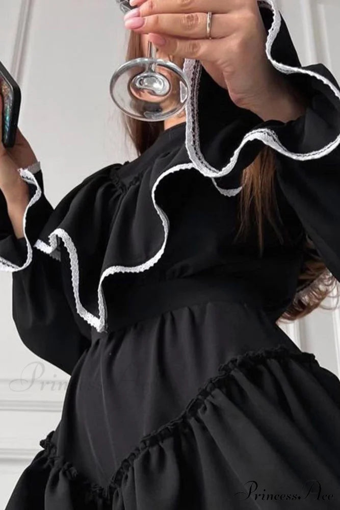 Ruffle Neck Lacework A-line Dress