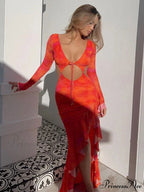 Ruffle Slit Cut Out Backless Elegant Long Sleeve Midi Dress